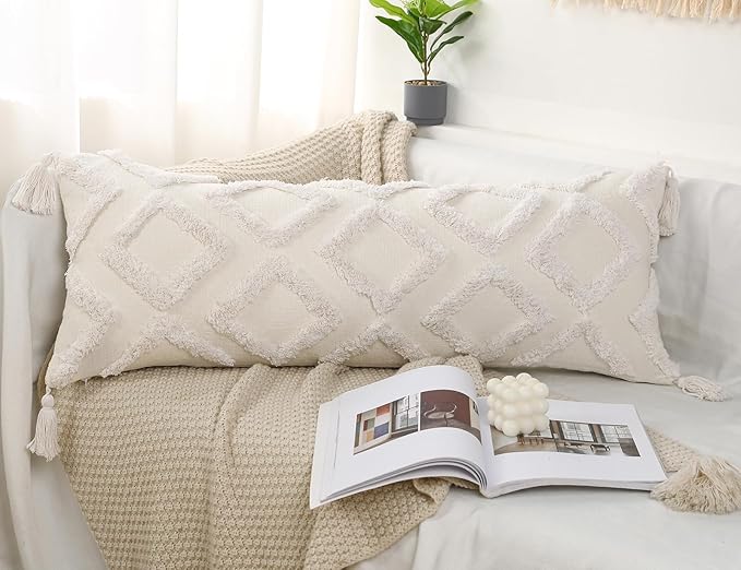PANOD Decorative Long Lumbar Pillow Cover 12x36 Boho,Super Soft Chenille Extra Long Lumbar Pillow Case Cover with Tassel for Bed Sofa Couch Farmhouse Livingroom,White,Modern Skinny