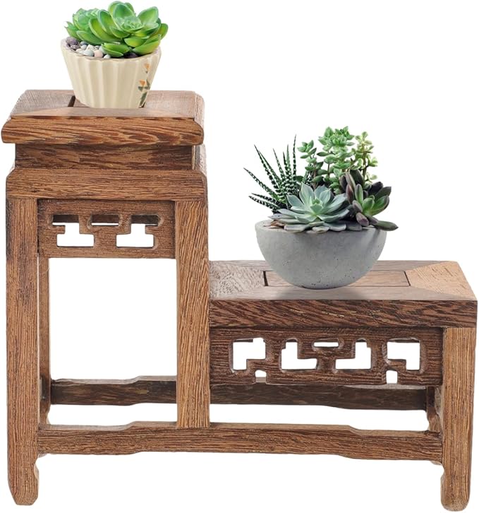 DOITOOL Wooden Plant Stand Indoor 2 Tier Wood Plant Shelf Wooden Planter Risers Flower Stand Vintage Display Planter Display Figurine Display Base for Home Garden