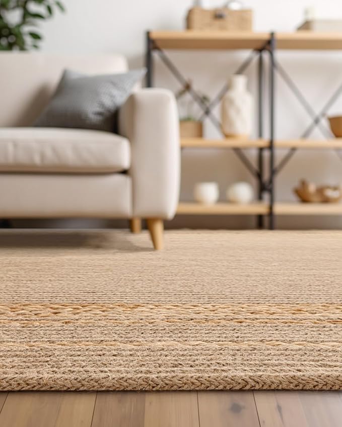 DEXI Jute Rug Natural Fiber 8x10, Braided Woven Area Rugs No Shed, Large Soft Neutral Rustic Carpet Mat for Indoor Entryway Outdoor Patio Dining Living Room Bedroom Farmhouse, Beige/Natural