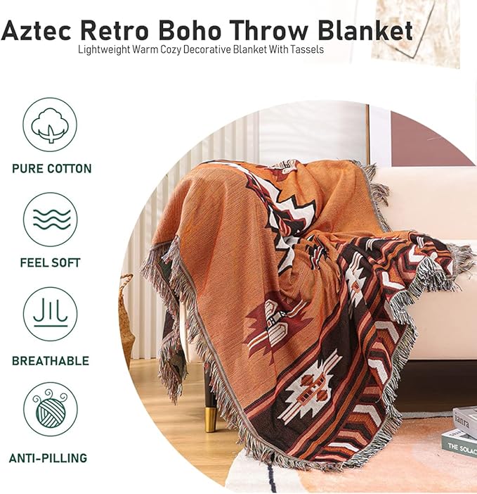 Hopstar Aztec Throw Blanket Navajo Indian Blankets and Throws Boho Western Decor Couch Cover Blanket for Bed Sofa Living Room Beach Travel 51"x63"