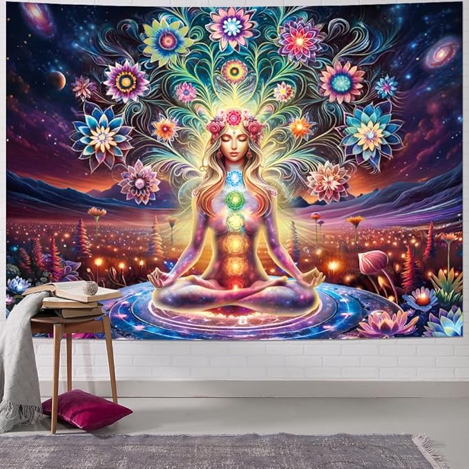 Dermijer Blacklight Seven Chakra Yoga Meditation Tapestry Flower Chakra Tapestries Galaxy Space Planet Tapestry UV Reactive Lotus Tapestries Wall Hanging for Home Decor 92.5L x 70.8W