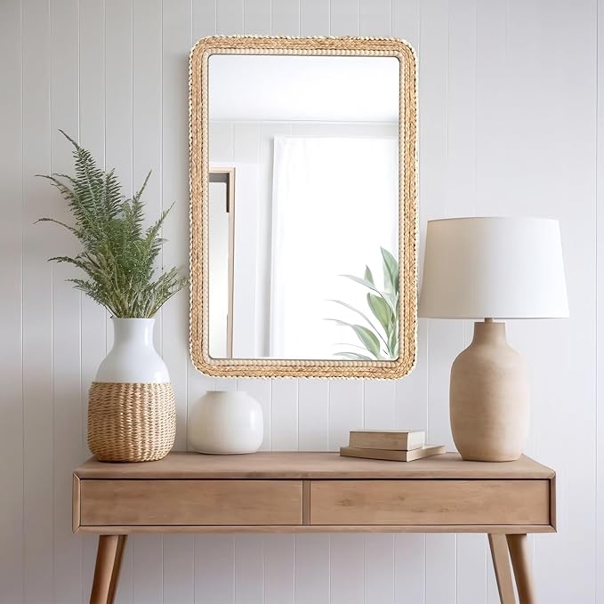 FUIN 24x36 Large Wall Mirror, Wood Frame with Braided Seagrass and Wooden Bead, Vertical & Horizontal Coastal Mirror for Bathroom