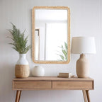 FUIN 24x36 Large Wall Mirror, Wood Frame with Braided Seagrass and Wooden Bead, Vertical & Horizontal Coastal Mirror for Bathroom