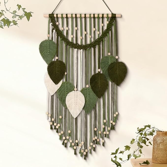 Weldomcor Macrame Wall Hanging Boho Leaf Woven Tapestry, Bohemian Chic Home Decor Modern Handmade Leaves Feather Wall Art Decorations for Bedroom Living Room Apartment Ornament 16.5"W X 31.5"L (Army Green)