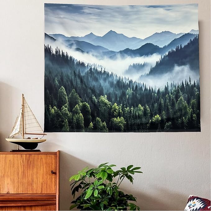 TUGCAY Misty Mountain Forest Tapestry Foggy Tree Tapestry Nature Scenery Landscape Wall Tapestries Aesthetic for Bedroom Living Room Dorm Office Decor 60 x 40 Inches
