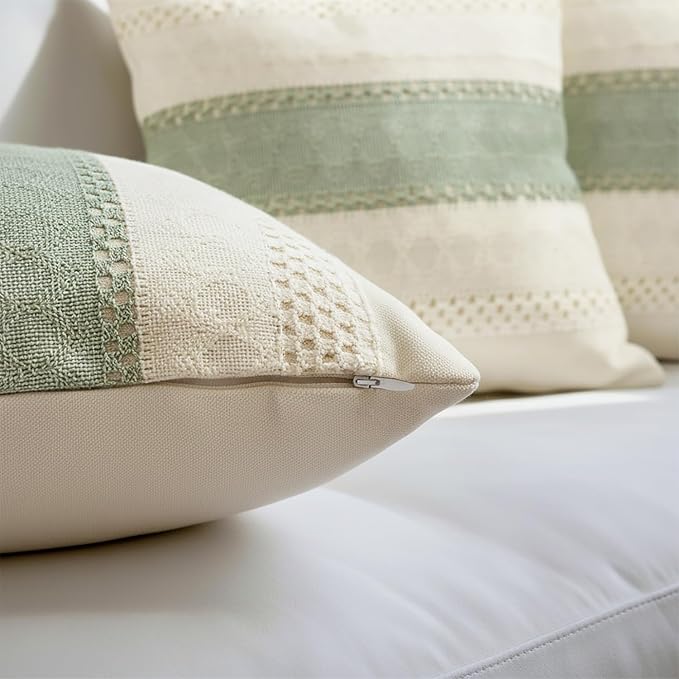 Set of 2 Sage Green Boho Throw Pillow Covers 18x18 Inch Decorative Cushion Covers for Couch Bed Sofa Chair Cotton Macrame Décor Decorations (Type A)