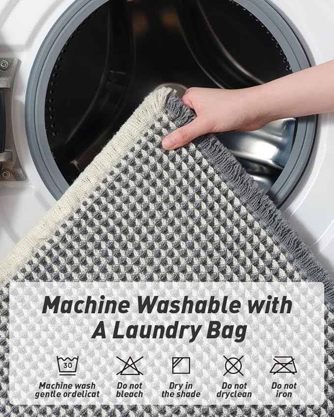 Upgraded Waffle Runner Rug Super Absorbent Non Slip Bath Mats for Bathroom Washable Bathroom Runner Rug with Tassels, Ideal for Hallway Bedroom Laundry Room, Dark Grey & Cream, 2' x 5'(24" x 60")