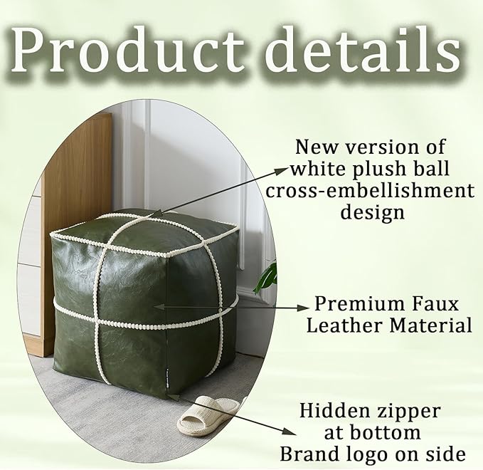 Louis Donné Square Unstuffed Pouf Ottoman Cover - Waterproof Faux Leather Footstool for Living Room, Moroccan Boho Poufs Foot Rest with Storage, Easy Clean, 18 Inch, Green（Only Cover No Filler