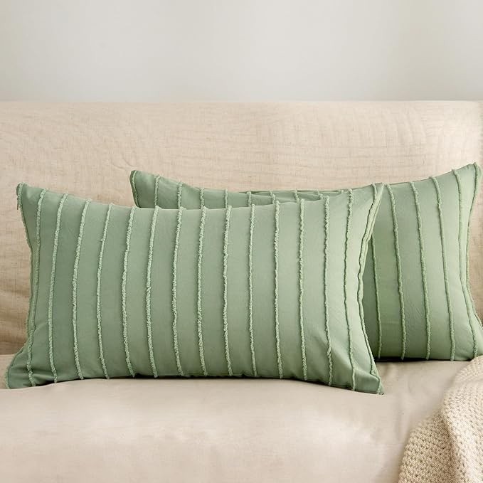 JELLYMONI 2 Pack Light Green Pillowcases 12" x20", Soft Microfiber Striped Tufted Pillow Covers(Pillows are not Included)