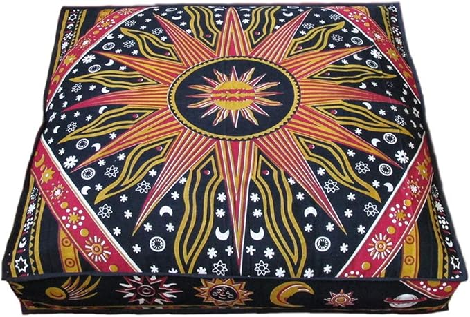 ICC Large Square Floor Pillow Cover Hippie Ottoman Pouf Cover Daybed Cotton Mandala Cushion Cover with Heavy Duty Zipper Seating Ottoman Poufs Dog-Pets Bed (Yellow Burning Sun, 35" Square)