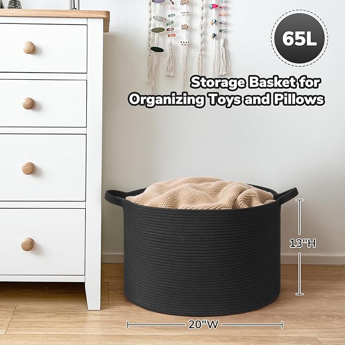 Goodpick Blanket Basket 19.7'' x 12.6'', Woven Storage Baskets, Cotton Rope Toy Storage for Kids, Home Decor for Living Room, 65L Black