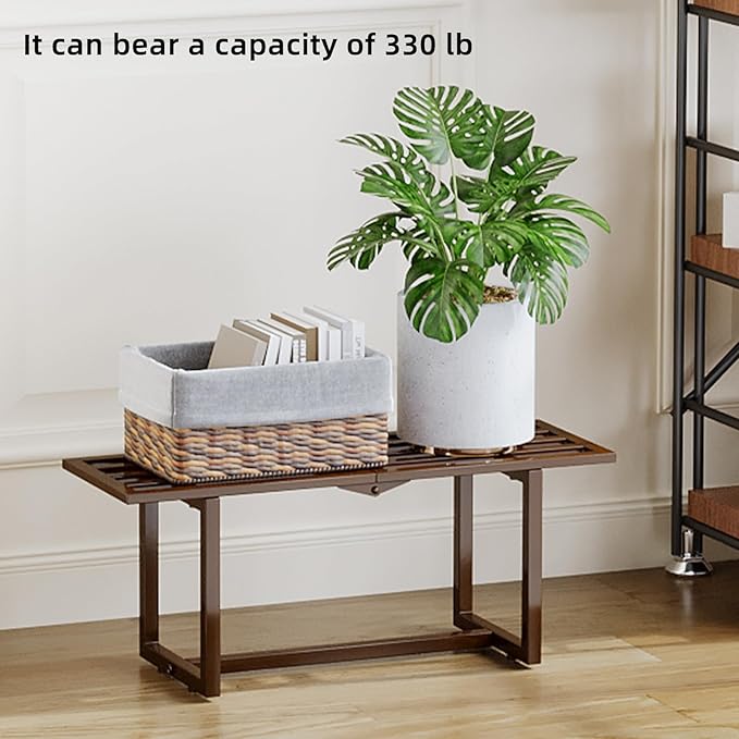 Plant Stand Indoor Outdoor, Foldable Metal Plant Shelf for Multiple Pots, Mid Century Slatted Bench for Patio Garden, Heavy Duty Capacity 330 lbs 2 Pack Coffee