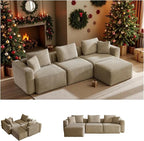 VINGLI 112.2“ Convertible Corduroy Cloud Sectional Couches with Movable Ottoman, L-Shaped Boneless Couches for Living Room with Deep Seat, 3 Seater Modular Spineless Sofa, No Assembly Required, Khaki