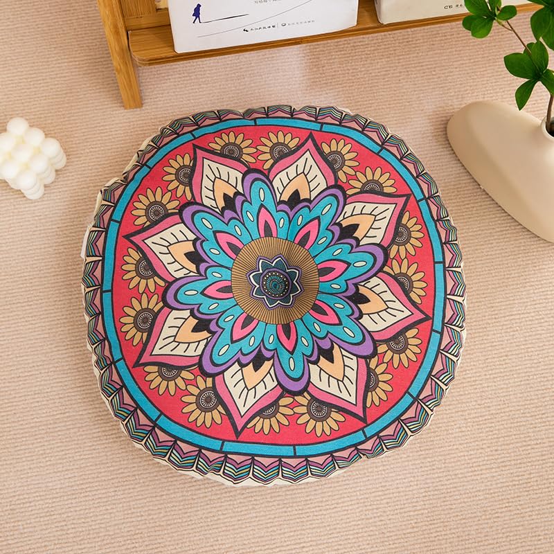 Mandala Round Floor Pillow - 16x16 inch Reversible Cotton Linen Meditation Cushion for Yoga, Balcony & Patio Decor (Colorful) - color: Colorful