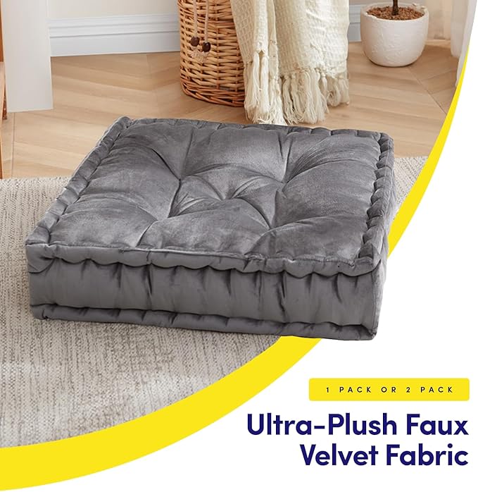 Sweet Home Collection Floor Pillow Large Square Tufted Decorative Cushion. Faux Velvet Fabric Ultra Thick Fill for Kids and Adults, Gray (Pack of 1)