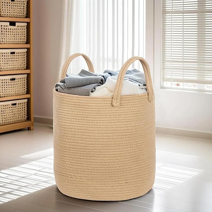 ShellKingdom Laundry Basket, Large Natural Rope Woven Storage Basket with Handles for Home, Living Room, Laundry, Storage Organizer for Blankets, Clothes, Plant, Toys, 15.7 x 13.8 INCH (Jute)