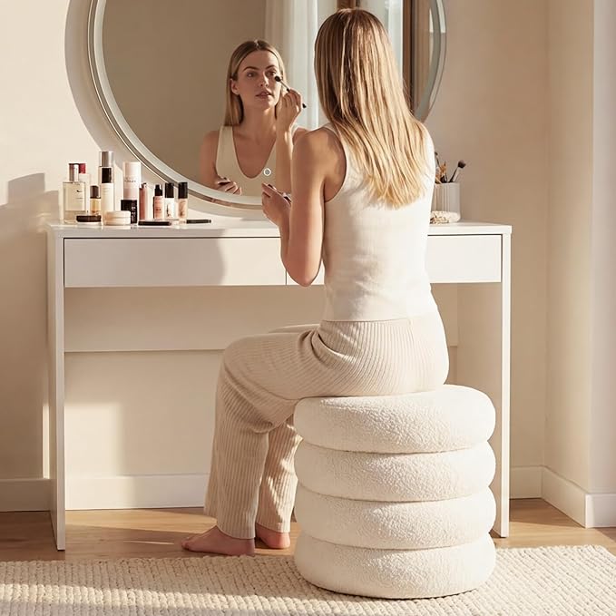 Flouki 19.5" Storage Ottoman Round, Vanity Stools for Bedroom, Entryway Ottoman for Console Table, Ottoman Stool for Girls Women, Foot Stool for Living Room Set of 2, Sherpa Off-White