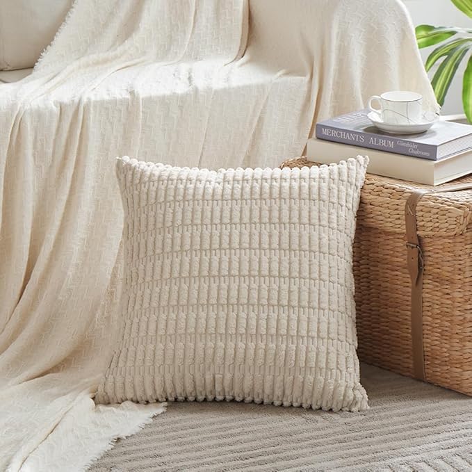Fancy Homi 4 Packs Boho Cream Decorative Throw Pillow Covers 16x16 Inch for Living Room Couch Bed Sofa, Rustic Modern Farmhouse Home Decor, Soft Plush Corduroy Beige Cute Square Cushion Case 40x40 cm