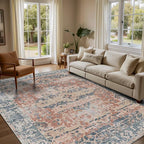 Orange 5x7 Area Rugs for Living Room Bedroom, Washable Rug, Coral Vintage Retro Boho Rug, Non Slip & Low Pile Carpet for Indoor Dining Room, Kids Room, Nursery Room(Coral Blue 5x7ft)