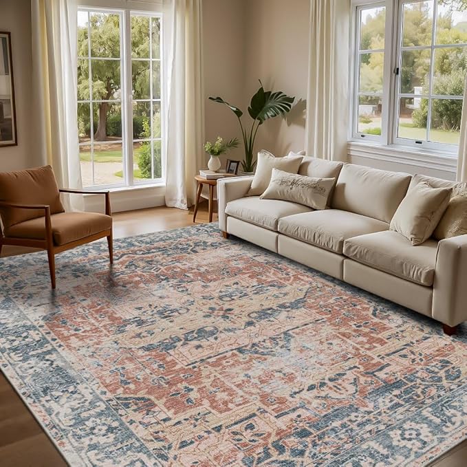 Orange 5x7 Area Rugs for Living Room Bedroom, Washable Rug, Coral Vintage Retro Boho Rug, Non Slip & Low Pile Carpet for Indoor Dining Room, Kids Room, Nursery Room(Coral Blue 5x7ft)