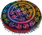 CRAFT KALA Mandala Floor Pillow Cushion Cover Seating Throw Cover Hippie Decorative Bohemian Ottoman Poufs Pom Pom Pillow Cases Boho Indian Cotton Living Room Home Décor 24" Round, Multi U.p Elephant
