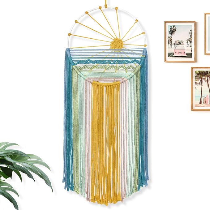 MEIVINES Macrame Wall Hanging,11.8x27.6 Inches Boho Sun Wall Art Decor,Woven Hanging Tapestry Tassels Handmade Colorful Tapestry for Bedroom Living Room Nursery Apartment