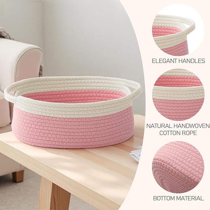 Woven Basket,Small Rope Storage Bin with Handles & Ribbon Bag, Organizer for Shelves Closets,Gift Basket Empty for Birthday,Books,Dog Toys, White&Pink/2 Pack