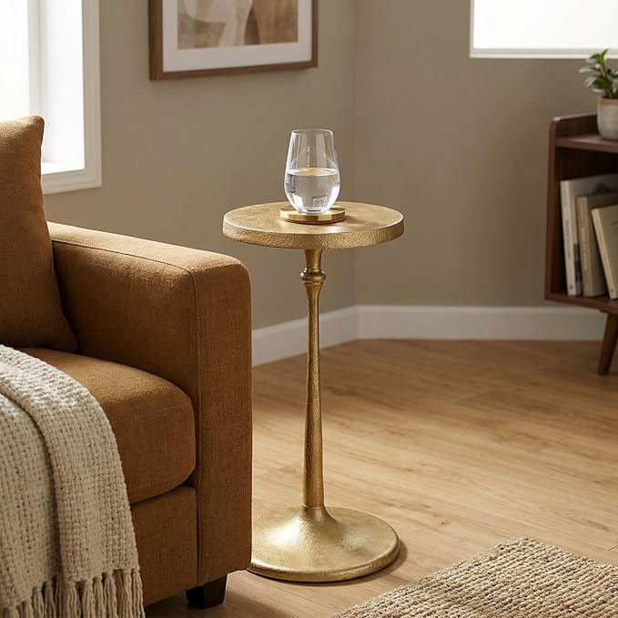 Vintage Brass Cast Iron Side Table Round Accent Table for Living Room Drink Cocktail Martini Table Bedroom Bedside Nightstand Lamp Table Patio Plant Stand Small Apartment Decorative Furniture