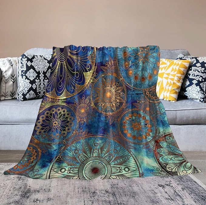 Boho Floral Throw Blanket Retro Mandala Flower Vintage Mystical Dream Style Theme Blanket for Sofa Bed Couch Chair Or Dorm 70"x80"