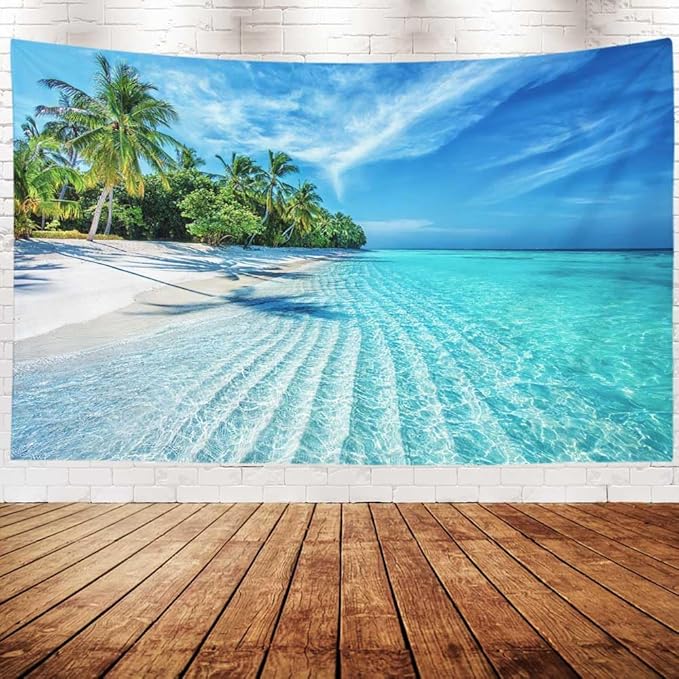 EMMTEEY Beach Tapestry Home Decor Wall Art Extra Large 92.5X70.9 Inch-Summer Calm Sea Waves with Palm Trees Durable Tapestry Wall Hanging for Bedroom