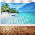 EMMTEEY Beach Tapestry Modern Wall Decor Small 60X40 Inch-Summer Calm Sea Waves with Palm Trees Durable Hanging Tapestry for Bedroom