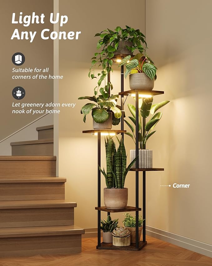 Plant Stand with Grow Light for Indoor Plants Corner Plant Stand 6 Tier Metal Plant Shelf Tall Plant Stand Plant Table Flower Stand for Living Room Bedroom Balcony Patio Brown Oak