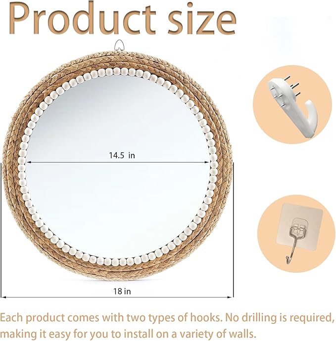 18 Inch Boho Wall Mounted Mirror,Decorative Round Rattan Hanging Wall Mirror，Suitable for Farmhouse, Living Room, Bedroom and Bathroom