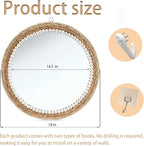 18 Inch Boho Wall Mounted Mirror,Decorative Round Rattan Hanging Wall Mirror，Suitable for Farmhouse, Living Room, Bedroom and Bathroom