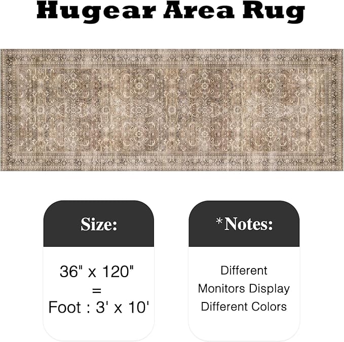 HUGEAR 3x10 Runner Rug Hallway Vintage Brown Machine Washable Retro Floral Low Pile Carpet Vacuumable Distressed Long Throw Rug Bedroom Office Bathroom Kitchen Laundry Non Slip Soft Lightweight