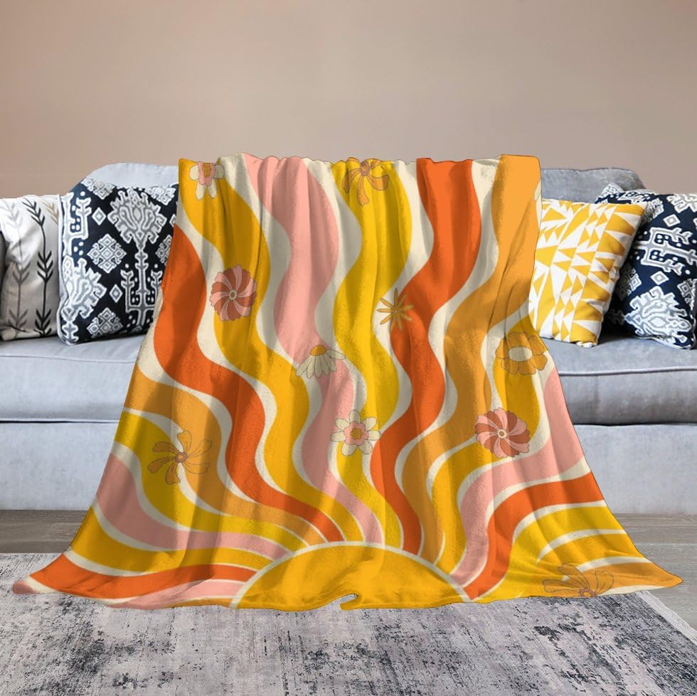 70s Vintage Floral Blanket,Groovy Boho Rainbow Hippie Abstract 80s Flower Plant Print Blanket for Couch Sofa Bed Decorative Gifts 30x40 - color: Blanket-21, size: 30"x40"