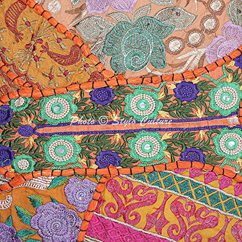 Ethnic Round Throw Pillows for Bed Vintage Patchwork Floor Cushion Cover Orange Small 18x18 Decorative Decor Seating Tuffet Seat Pouf Cover Footstool Cotton Embroidered 1 Pc - color: Orange
