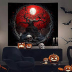 Atrippy Halloween Black Red Anime Tapestry, Gothic Dark Forest Moon Wall Hanging, Nature Skull Withered Tree Landscape Tapestries for Bedroom Living Room Men Dorm 60x 79 Inches
