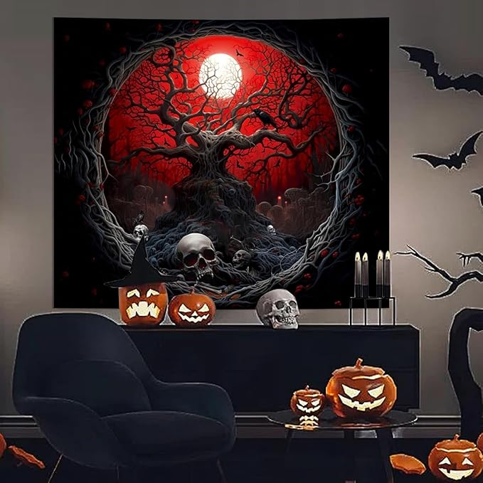 Atrippy Halloween Black Red Anime Tapestry, Gothic Dark Forest Moon Wall Hanging, Nature Skull Withered Tree Landscape Tapestries for Bedroom Living Room Men Dorm 60x 79 Inches