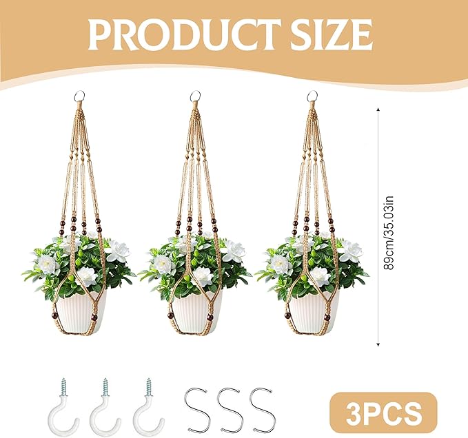 3Pcs Macrame Plant Hangers Indoor 35Inch Brown Hemp Rope Plant Hanger Hanging Plant Holders Hanging Planter Basket Flower Pot Holder with S Hooks and Hook Nails, Crochet Home Decor Plant Hanger
