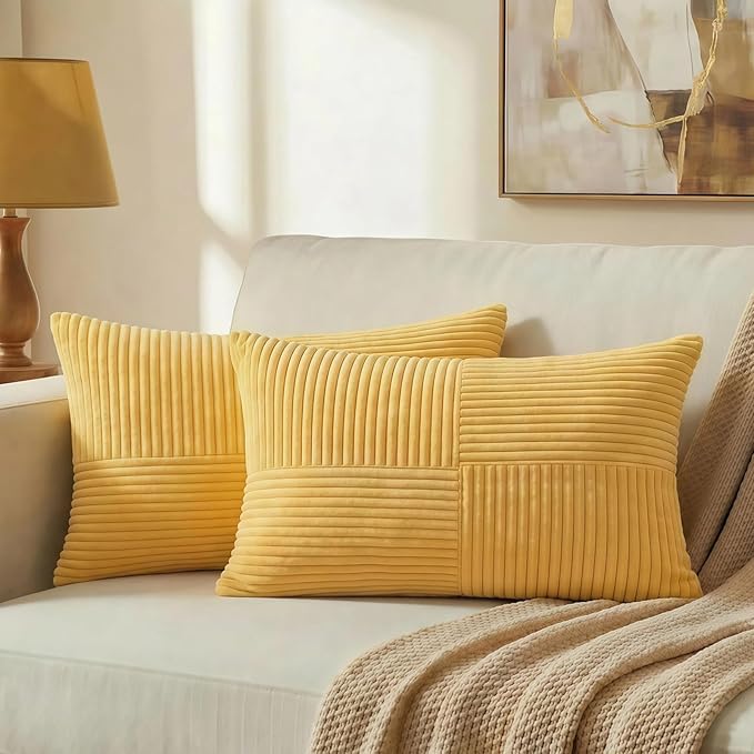 Fancy Homi 2 Packs Yellow Long Lumbar Decorative Throw Pillow Covers 12x24 Inch for Couch Bed Sofa, Rustic Farmhouse Boho Home Decor, Soft Striped Corduroy Rectangle Accent Cushion Case 30x60 cm