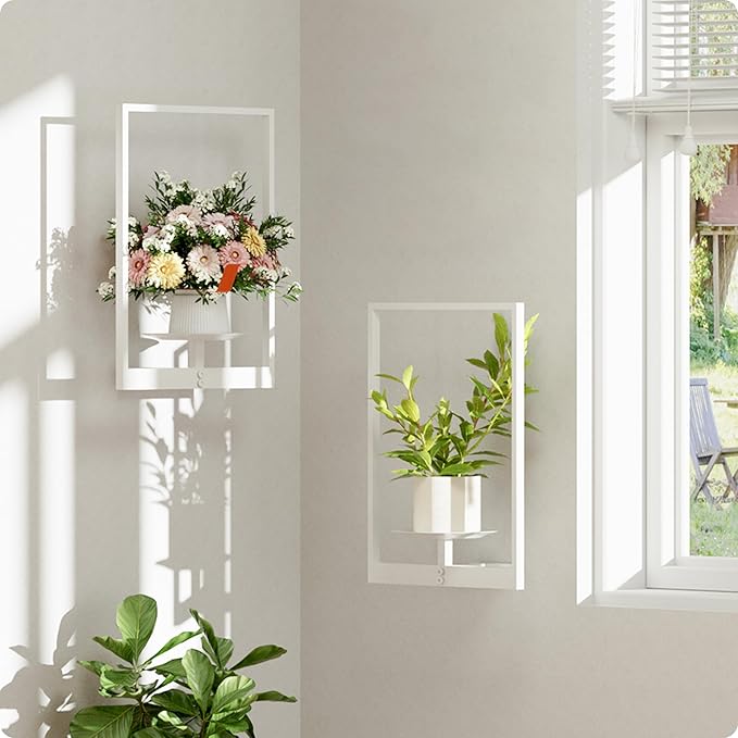 White Metal Wall Plant Holder - 2-Pack Wall Mounted Plant Stands and Hanging Holders for Indoor Planter and Flower Pot -Rectangle Decor Shelf for Plant Storage (Pot Not Included)