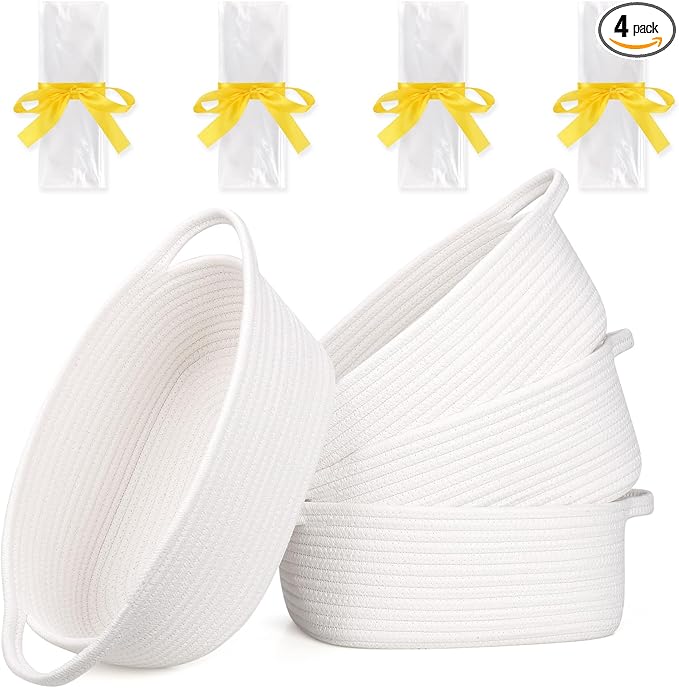 Gift Baskets Empty to Fill 4 Pack, 12x8x5 inch - Small Rectangular Woven Rope Bins for Baby Shower, Bathroom, Decor - With Gifting Wrap Bags & Ribbons - Reusable, Washable - White