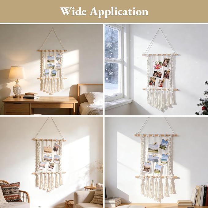 Joyibay Macrame Hanging Photo Display, Boho Wall Decor with Tassel Design, Includes 30 Wood Clips, Picture Card Holder for Room Bedroom Dorm Decoration, Ideal Teenage Christmas Birthday Gifts
