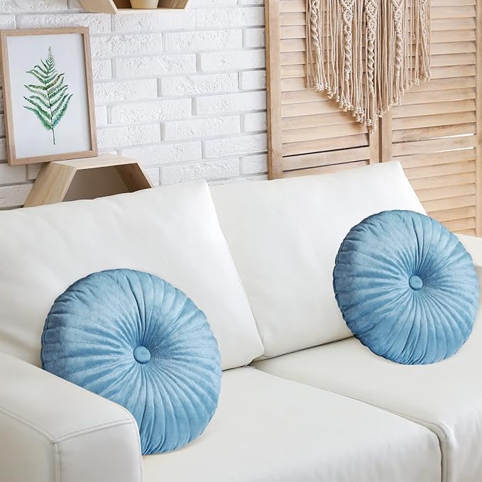 Namalu 2 Pcs Round Throw Pillow 13.8 Inch Decorative Round Velvet Floor Pillows Pumpkin Throw Pillows with Center Button for Thanksgiving Home Decor Living Room Sofa Couch Bed Chair (Blue)