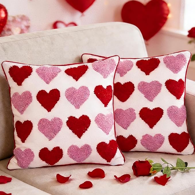 Whaline 2 Pcs Valentine's Day Tufted Throw Pillow Covers Pillow Case 18 x 18 Inch Embroidery Red Pink Heart Cushion Case for Wedding Anniversary Bedroom Sofa Couch Bed Holiday Festival Home Decor