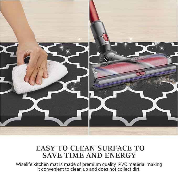 WISELIFE Anti-Fatigue Cushioned Kitchen Mat / Rug ,17.3"x 28",Non Slip Heavy Duty PVC Ergonomic Waterproof Comfort Rugs for Floor Home, Office, Sink, Laundry,Black