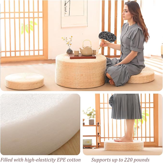 Round Woven Floor Pillow Natural Seat Cushion, Straw Flat Seat Cushion, Handmade Floor Pouf Mat, Ottoman Footstool for Meditation, Zen, Yoga Practice or Buddham (15.74" Dia. x 3.94" H)