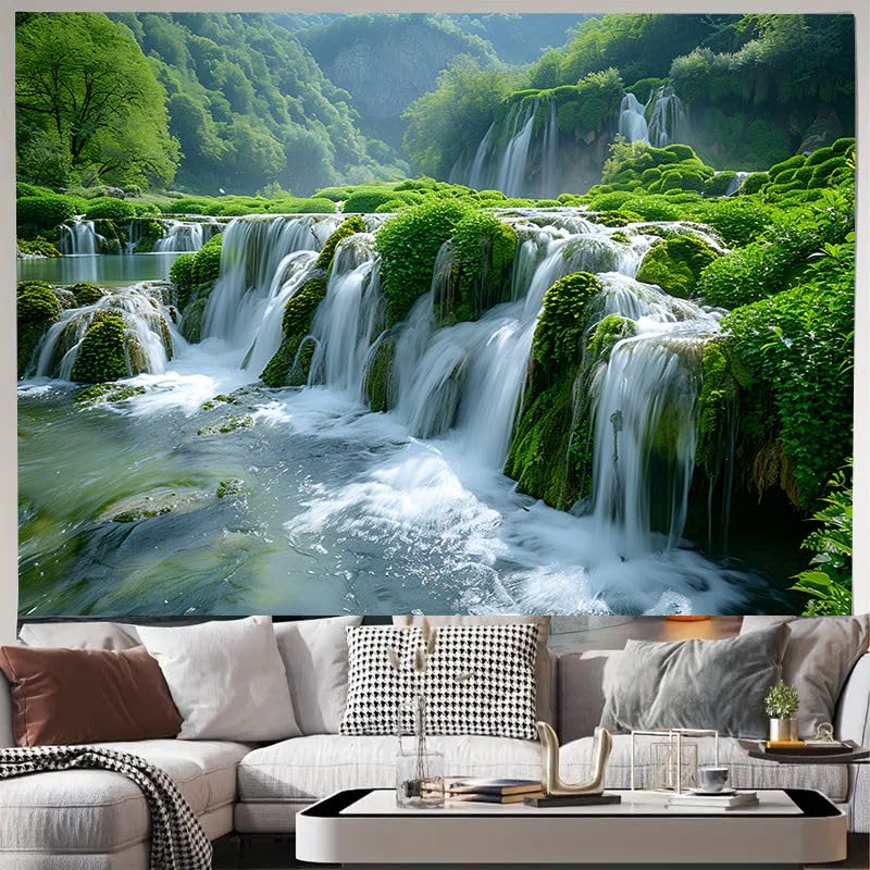 FENDROM Green Misty Forest Wall Tapestry Jungle Mountain Waterfall Nature Tapestry Tree Tapestries for Bedroom Living Room Dorm Decor - color: Waterfall, size: 90"L x 71"W