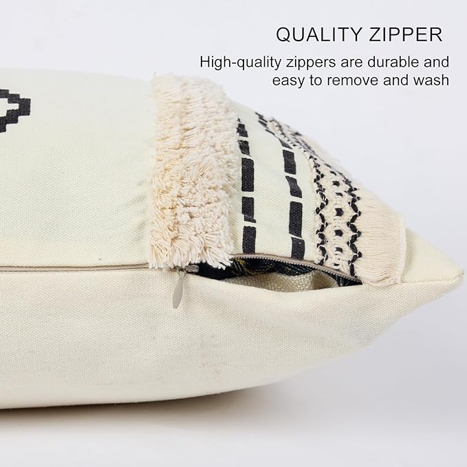 Boho Lumbar Pillow Cover with Tessels 12x 20, Pompom Geometric Woven Tufted Ethnic Decorative Linen Pillow Cushion Case, Cream Decorative Pillows for Bed, Outdoor Couch Car